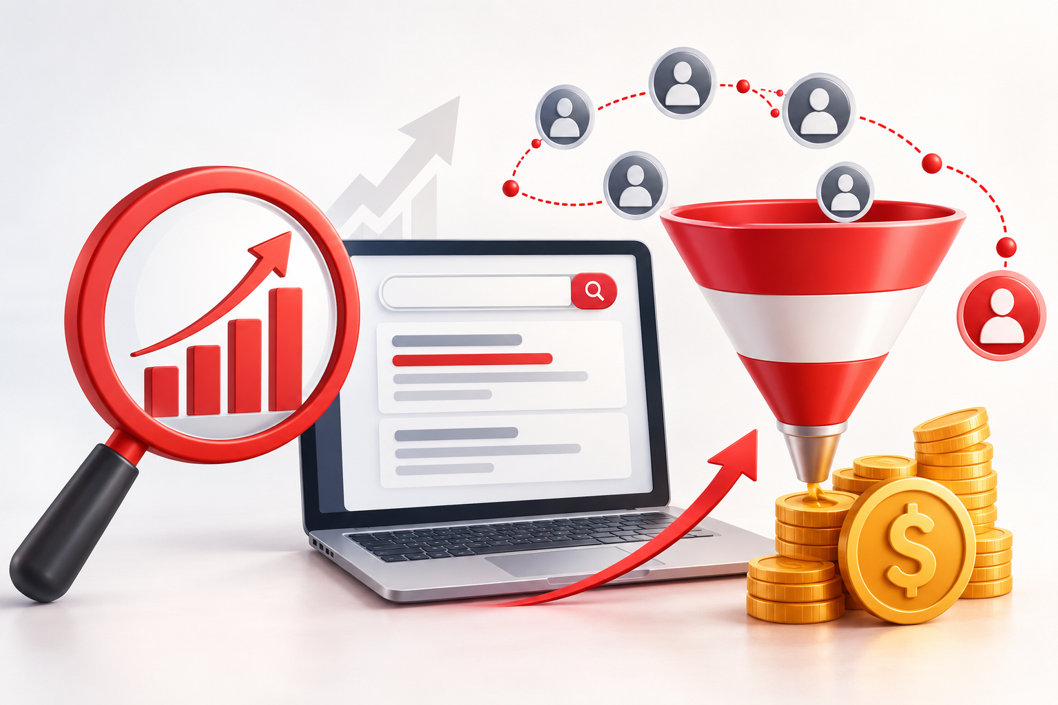 SEO ROI framework showing keyword intent mapping, GEO integration, and SEO funnel stages driving business growth